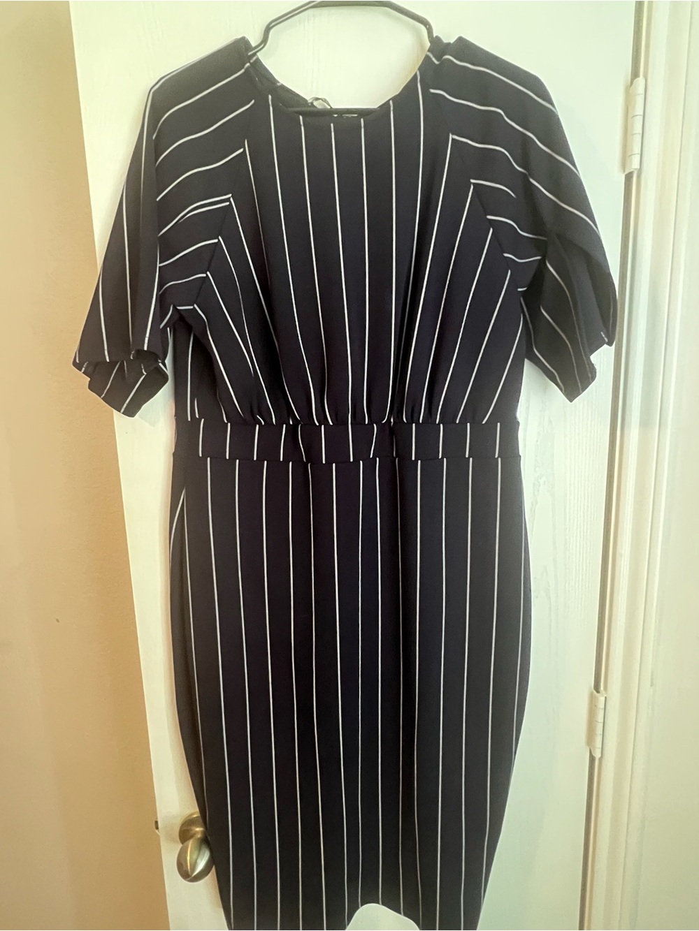 Boohoo Navy and White Vertical Stripe Midi Dress